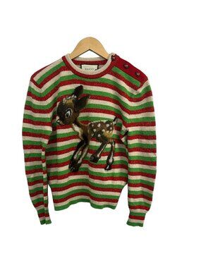 Gucci Long Sleeve Sweater Beige Green Multi Glitter Bambi Ladybug Button XS